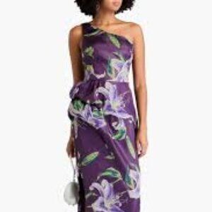 Marchesa Notte purple Jacquard lilly one shoulder midi cocktail dress size 8